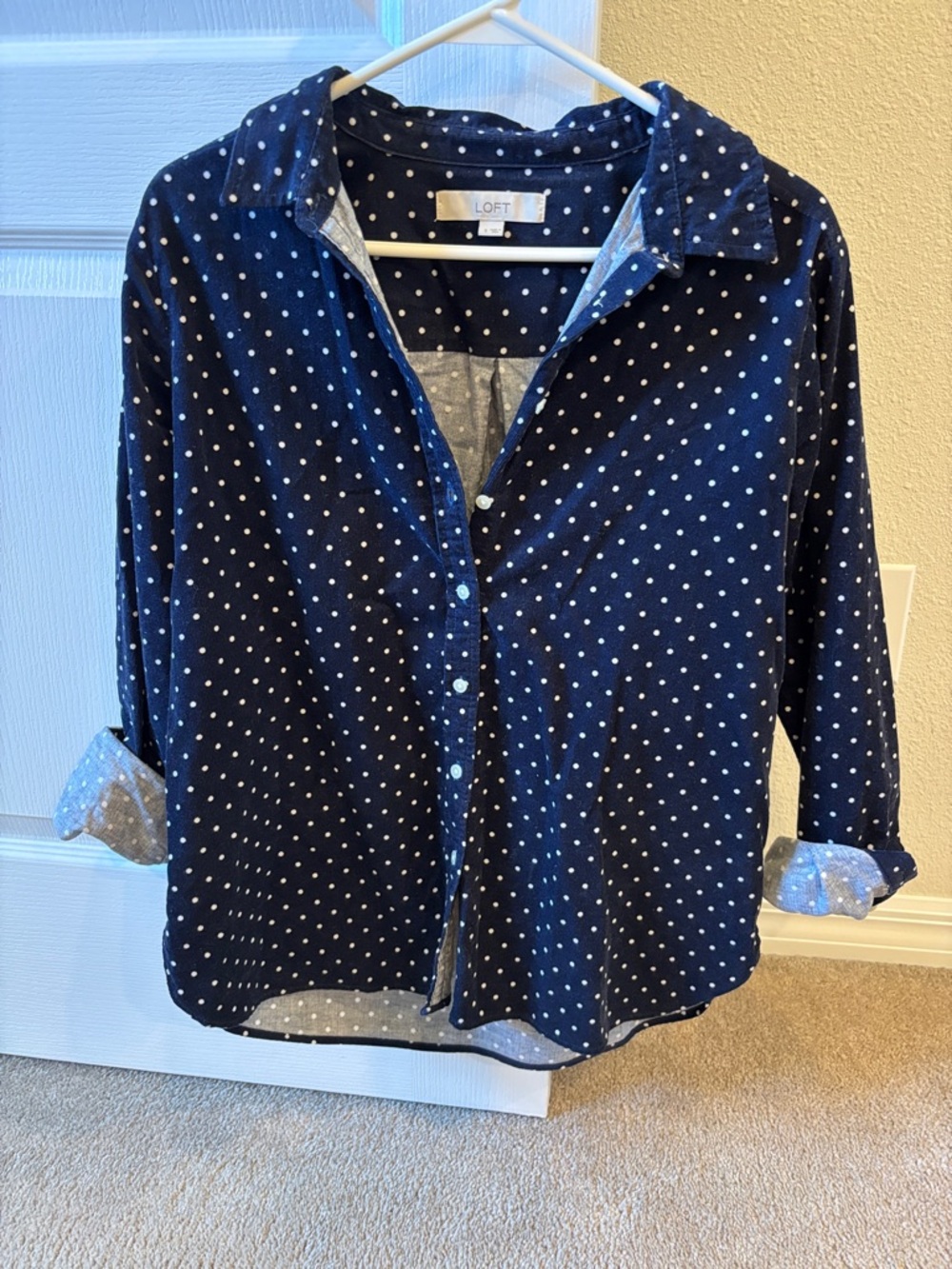 LOFT Navy Blue Long Sleeve Polka Dot Button-Down Corduroy Blouse Shirt Small